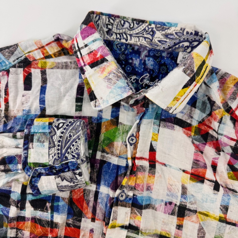 Robert Graham Button Down Mens Medium Multicolor Linen Blend Abstract Grid Shirt